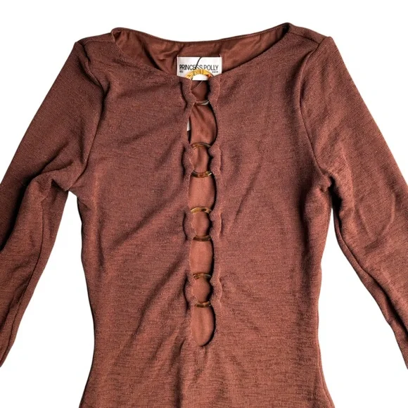 NWT Princess Polly Dejonge Ring Detail Long Sleeve Minidress Brown US 2 - Picture 6 of 9